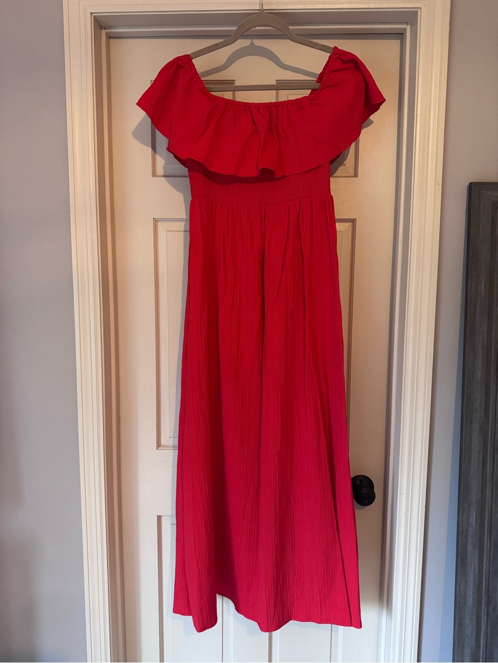 SHEIN Red Off-Shoulder Ruffle Maxi Dress